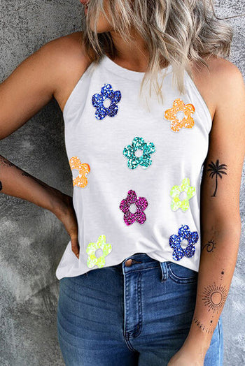 Sequin Flower Grecian Neck Tank Trendsi