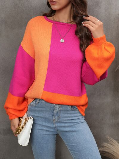 Color Block Round Neck Sweater Trendsi