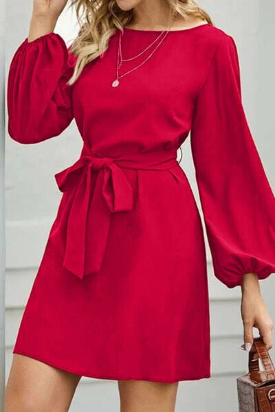 Tied Boat Neck Balloon Sleeve Mini Dress Trendsi