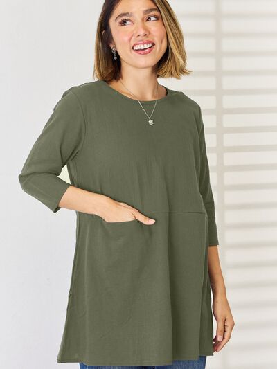 Pocketed Round Neck Half Sleeve Blouse Trendsi