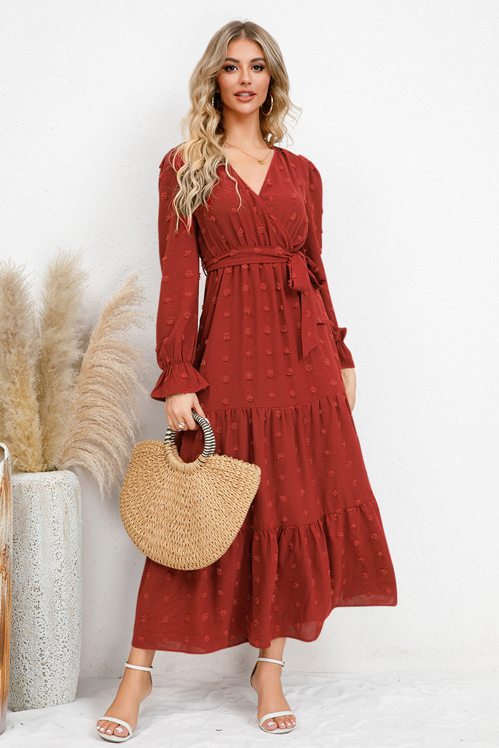 Swiss Dot Tied Surplice Flounce Sleeve Dress Trendsi