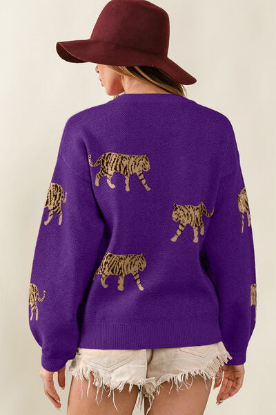 BiBi Tiger Pattern Long Sleeve Sweater Trendsi