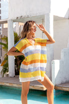 Openwork Striped V-Neck Short Sleeve Cover Up Trendsi