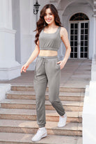 Waffle-Knit Cropped Tank and Drawstring Pants Set Trendsi