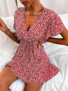 Cutout Ditsy Floral Surplice Flounce Sleeve Dress Trendsi