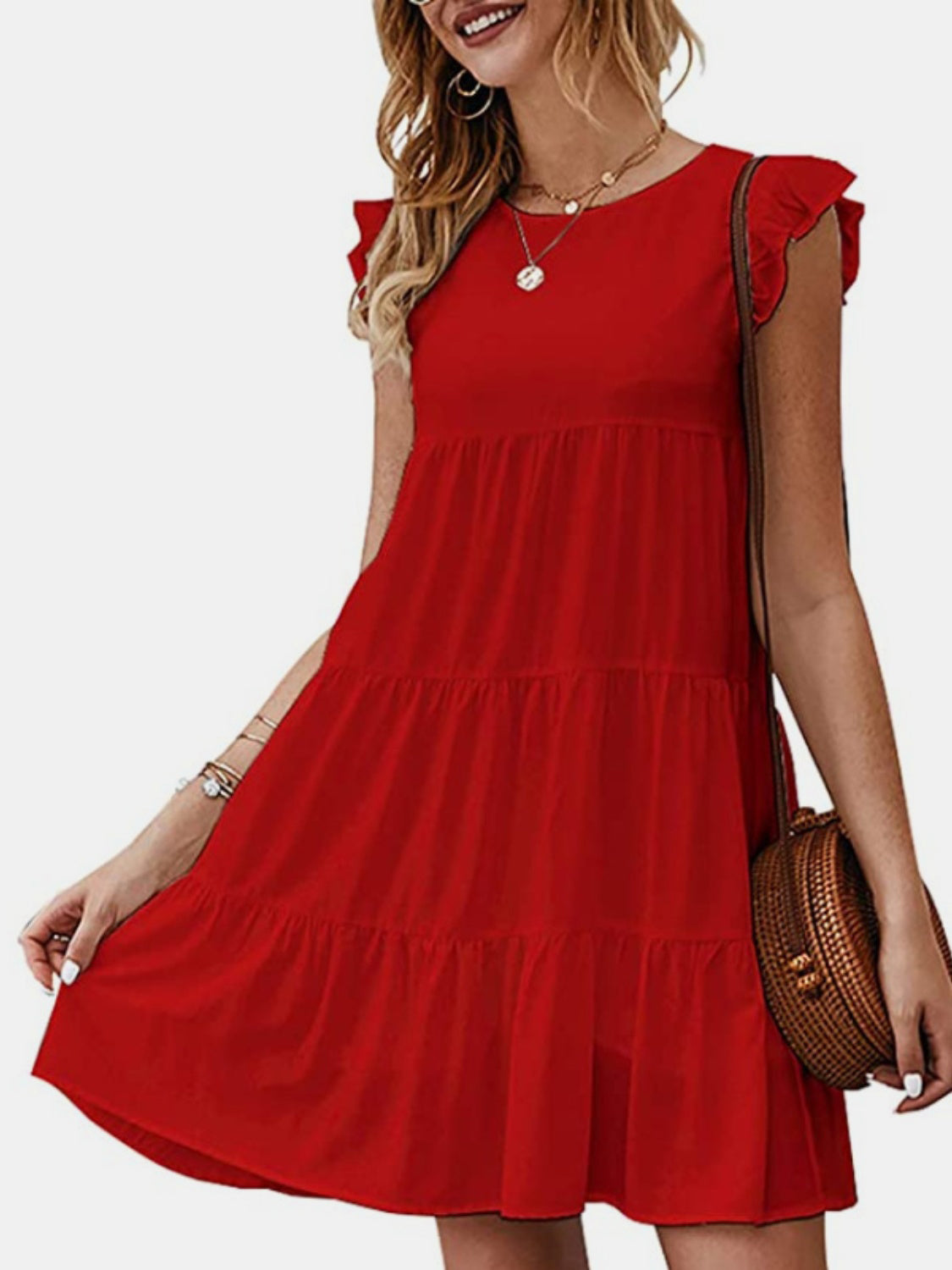 Ruffled Round Neck Cap Sleeve Mini Dress Trendsi