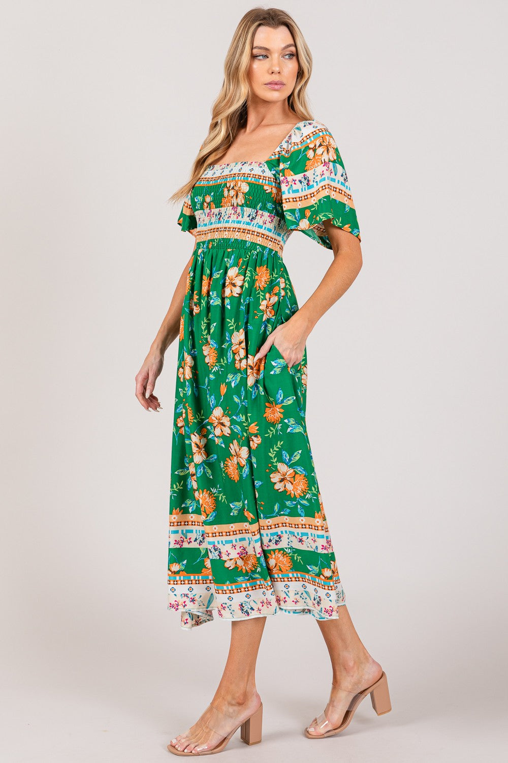 SAGE + FIG Printed Smocked Short Sleeve Midi Dress Trendsi