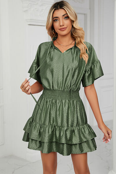 Smocked Tie Neck Flounce Sleeve Dress Trendsi