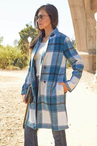 Double Take Full Size Plaid Button Up Lapel Collar Coat Trendsi