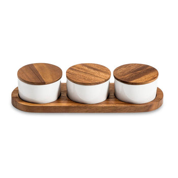 Condiment Serving Set  3 Ceramic Bowls with Lids  13" x 3.75" The Groovalution