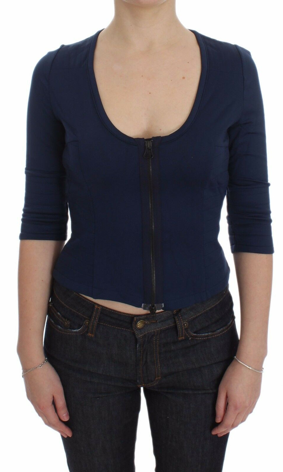 Exte Blue Cotton Top Zipper Deep Crew-neck Sweater GENUINE AUTHENTIC BRAND LLC