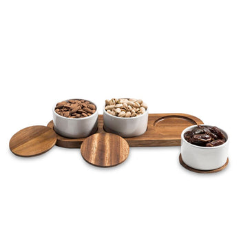 Condiment Serving Set  3 Ceramic Bowls with Lids  13" x 3.75" The Groovalution